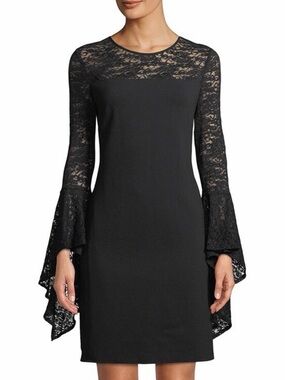 Vince Camuto Black Floral Lace Bell Sleeve Shift Dress